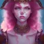 Placeholder: Fire witch, sweet looking, intimidating beauty, young, round face, pale skin, freckles, wild curly pink hair, red colored eyes, wearing a pink witch hat, wearing a glowing pink-red crystal necklace, pink and red eyeshadow, glossy pink lips