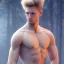 Placeholder: Male, Human, Blond, galactique, Fire Mage,blue Eyes, Young, Photorealism, Full Body Shot, Forest Background blue