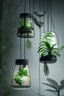 Placeholder: artefactos de iluminación suspendidos con plantas y malla metalica