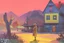 Placeholder: whimsical arafed nonsense, patchwork vibe, acrylic and ink painting of a cozy village main street on undulating hills with color (((minimal))) sketches of village people with (((extremely long limbs))), (((oversize head))), sharp color contrasts, amazing shadows, (((exaggerated limbs and head))), minimal cozy, warm palette, bright bold warm summer colors, color leak, sparse bright orange-red splinters, heavily distorted views, amazing parallels, amazing reflections