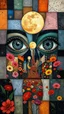 Placeholder: Cubistic patchwork. Inside the mind of the glass mirror witch. Giant eyes. Tunnel of flowers. Cityscape of moon and sparks. Modifiers: high definition Picasso Cubism by Paul Klee