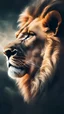 Placeholder: A mesmerizing double exposure photograph masterfully combines the side profile of a majestic lion's face with a serene landscape. background Dark Grundge