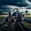 Placeholder: A farmer wearing denim overalls and wearing black rubber boots is plowing an agricultural field with a tractor, in the background hills of vineyards, a forest and a large barn, cloudy sky, lunch time, outdoor shot, cinematic, 12K, 1024X1026 pixelowers,types of flowers with name