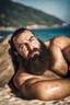 Placeholder: full figure shot photography of a tired strong muscular chubby burly 36 years old ugly turkish carpenter, big nose, bullneck, long beard, short hair, shirtless, manly chest, white shorts, bulge, emotive eyes , lying down relaxed belly up, on the beach in the sun, big shoulders, side light, sweat and wet, top view, aerial view