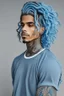 Placeholder: longish light blue wavy hair, brown skin, grey eyes, tattoos, black turtle neck clothing, hispanic