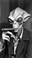 Placeholder: Get An old picture style of black and white mono very bad quality looks very old camera picture of an alien smoking a cigar like al capon , year 1900