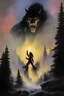 Placeholder: "Double Exposure" {{{{paul stanley full color oil painting art by Alex Ross, fog and clouds rising in the foreground}}}}. {{{{A giant werewolf roaming the woods at night, oil painting art by frank frazetta}}}}