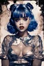 Placeholder: Poster in two gradually, a one side the Singer Melanie Martinez face, full body, sit pose, painting by Yoji Shinkawa, darkblue and sepia tones,sinister, detailed iridescent, metallic, translucent, dramatic lighting, hyper futuristic, digital art, shot with Sony Alpha a9 Il and Sony FE 200-600mm f/5.6-6.3 G OSS lens, natural light, hyper realistic photograph, ultra detailed -ar 3:2 -q 2 -s 750,malevolent goth vampire girl face and other side