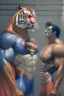 Placeholder: A picture of a talking tiger in the form of a superman, a professional, high JPEG image