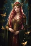 Placeholder: Burgundy hair, dark hair,dark red , rapunzel hair,very long hair,dark fairy princess,elven crown,night,dragonflies,beautiful,ong ashes,golden armor ,sparkle,night blooming,ivy,dark green,lilly of valley,golden elven crown,elven warrior,dark gold armor