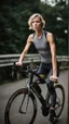 Placeholder: photography of a beautiful anorexic woman, grey satin triathlon top, sports illustrated, blond short wavy bob haircut, pronounced sternum, flat chest, anthracite cycling leggins