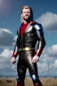 Placeholder: retro portrait image from 1960, sky background, wind, long blonde hair, fighting stance, young Chris Hemsworth, black dress, classic long tight lycra black suit, red cape, gold bracelet and belt, high boots, soft color, highly detailed, unreal engine 5, ray tracing, RTX, lumen lighting, ultra detail, volumetric lighting, 3d, finely drawn, high definition, high resolution.