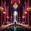 Placeholder: Hyper Realistic people praying inside a huge maroon wall mosque with waterfall, grass patches & small water ponds at night with small chandeliers