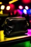 Placeholder: A stylish, compact 4x6 concert bag made of sleek black leather with gold accents, designed to hold essentials like a phone, wallet, and keys. The bag features a detachable strap, lying on a vibrant concert stage with colorful lights and an energetic crowd in the background.