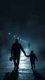 Placeholder: ,surrealism of the dark of a nightmare , hyper photorealistic, hyper detailed bright art color, high resolution, fog, octane render, tilt shift, HDRI Environment, all pictures dark gray, sad man walking with his son hand in hand both look at the ground