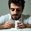 Placeholder: A man sniffing cocaine through rolled dollar paper, cocaine is on table, Close-up to action