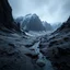 Placeholder: Photograph, a dark mass of terrain, giant museum space, powder, brook, dramatic colors, geological formation, architecture, minimalist, details of the terrain very accentuated, 8k, deep 3d field, sharp, brutalist, hasselblad h6d400c --ar 85:128 --v 6.0