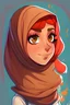 Placeholder: Walaa is a beautiful girl, her hair is red, her face is round, her eyes are brown, she wears a hijab, write a large Walaa name, the top is in a cartoon style, cool colors