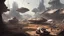 Placeholder: ground-level futuristic sci-fi clearing in a scrap yard for spaceships, surrounded by broken and rusty space ships and buildings, star wars