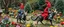 Placeholder: blue and red clothed gnomes riding cats with lances in garden of eden in the style of Escher and Giger
