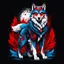 Placeholder: anthropomorphic wolf full body art illustration black background red, blue and white color full body