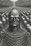 Placeholder: A field of thousands hands and heads inside , a thin line draw ،front view camera, surreal horror, biomechanical design, by hr giger and beksinski , Busch painting style