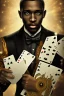 Placeholder: Dashing black man in a suit, holding a deck of cards. There's a young fey dragon with him.