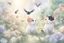 Placeholder: two cute anime chibi cats on either side of the picture looking at a pigeon in the top centre of the picture, flying with an envelope in its mouth in sunshine, flowerfield, watercolor and black ink outlines, ethereal, cinematic postprocessing, bokeh, dof