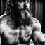 Placeholder: full figure shot photography, drunk beefy burly sweaty gipsy man , masculine hairy 55 year old man, dreadlocks, several tattoo, long beard, , hands behind the head, big shoulders, big arms, closed eyes, ambient occlusion ,sitting in a Sauna, super high resolution, 8k, cinematic light, ultra hyper realistic, frontal view from the bottom, view angle from the ground