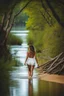 Placeholder: beautiful girl coming toward camera in trees next to wavy river with clear water and nice sands in floor