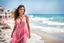 Placeholder: The 1 beautiful Turkish girl with nice blue eyes wearing a pink - blue dress walks in shore toward camera , sharp focus, natural light, vertical composition, relaxed and natural, fresh and comfortable ,in seaside there are luxury beach hotels.