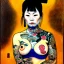 Placeholder: dibujo al oleo de cuerpo entero de una mujer yakuza con tatuajes y con katana estilo Gustav Klimt