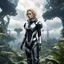 Placeholder: Photo of a slim sci-fi woman with scruffy blond hair, wearing a silver and black futuristic android-looking spacesuit, standing on an alien cloud tree jungle planet