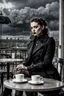 Placeholder: goth fashion model sitting on the coffee shop's teracce. goth black trench coat. Big black clouds on the grey sky, storm with lighting. intense white light. high detalied, sharp focus, perfect shot, professional photo