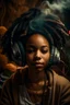 Placeholder: earthy black young woman listening to music with headphones, soul, peace, majestic, earthy colours, at peace, happy, incense, jewels, bands, natural, old school headphones, low siren eyes, incense, almond eyes, no eyelid wrinkles, darker skin tone