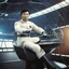 Placeholder: Lieutenant Sulu practices fencing in the captain chair of the starship, view from below[vintage style noisy scratches glitches, Shot the texture and then rewound the film and double exposed from a 1970 B series movie]