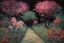 Placeholder: Night, trees, flowers, horror, japanese manga style, rocks, fernand toussaint, gustave caillebotte, and otto pippel impressionism paintings