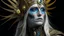 Placeholder: The image features a person with an elaborate makeup and costume that gives them an otherworldly appearance. They have pale skin, long white hair, and pointed ears. Their facial features are accentuated by gold and blue makeup, which includes intricate designs around their eyes and on their forehead. The individual is wearing a headdress with a spike-like design that adds to the fantastical look. They are also adorned in a costume with gold and blue elements, featuring what appears to be scales