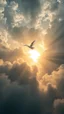 Placeholder: A huge white Dove flying above swirling clouds, emerges from the heart of a raging storm. Turbulent winds of steam swirl around the sun lit by shafts of sunlight that cast dramatic shadows on the A beautiful sun , High quality 16k cinematic scene and great photography