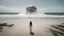 Placeholder: Wide-angle shot of a woman, standing on the right of a beach with huge waves, with dark hair in a silver robotic catsuit, many large Chrysaora quinquecirrha jellyfish floating high up in the air, masterpiece, best quality, super detailed