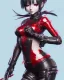 Placeholder: Detailed cute anime assassin girl, blood read hair buns, blood red bangs, black latex bodysuit, intricate details, full body portrait, keep head in frame, slight smile, black Japanese motif, concept art, highly detailed, digital painting, concept art, sharp focus, illustration, art by Yoji Shinkawa, WLOP and greg rutkowski and alphonse mucha and artgerm and yanjun Chen and Junji ito and Makoto Shinkai, HDR, octane render