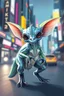 Placeholder: transparent gremlin sleek alien dinosaur weasel with cute fur, in big cyberpunk city crossover, volume light and motion blur, airbrush and pen outline in background only