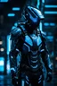 Placeholder: cyberpunk, neon blue, high technology, geometric figures, orbiting figures, cyberpunk suit, black and blue, epic, rain, neon blue suit, geometric figures orbiting around suit, exosuit, technological armour, a person wearing technological armour, cyberpunk armour, detailed armour, male