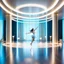 Placeholder: beautiful dance stage with a beautiful girl dancing in luxury modern hall dynamic lights, modern furniture light blue & cream theme