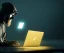 Placeholder: a hacker coding on his laptop in a dark room, golden fog