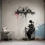 Placeholder: Banksy wall color graffiti of a pregnant mother standing wistfully besides a crib, Style by Banksy and pejac, maudlin, baby mobile, moody, spray paint splatter