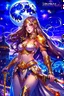 Placeholder: SUPER PRETTY GIRL, WITH A LITTLE WHITE-GOLD ARMOUR, PURPLE LONG HAIRED, NICE EYES, GREATH SMILE, BIG BUBS, NICE BODY, STAY ON DARKNESS CASTLE, STARS SKY, MOON, LEGENDARY WARRIOR, POWERED GIRL, A GOLDEN GLOW AROUND HER BODY.