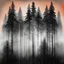 Placeholder: silhouette of tall dark trees, black, gray colors, surreal, foggy, mesh, red-gray-orange background, painted, lacy pattern melting, dreamlike scene, blurred with wet ink, masterpiece