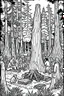 Placeholder: Under the vast canopy of ancient redwood trees, a group of friends dances joyously around a roaring campfire. The towering trees create a cathedral-like atmosphere, and the bonfire's flames illuminate the massive trunks, conveying the profound connection with nature and the freedom of uninhibited expression..coloring book page, simple and clean line art, adult drawing book, black and white, crisp black lines, no shades, sharp lines, coloring book for adults, cartoon style, landscape