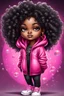 Placeholder: Create an airbrush illustration of a chibi cartoon black female thick curvy wearing a cut of hot pink hoodie and black jeans and timberland boots. Prominent make up with long lashes and hazel eyes. Highly detailed shiny black curly afro hair. Background of a large bubbles all around her
